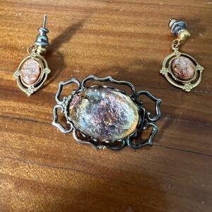 Elegant Gold and Copper Color Brooch with Small Pierced Earrings